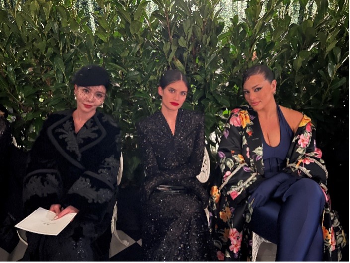 Tia Lee at the FROW of the Richard Quinn showcase L to R: Tia Lee, Sara Sampaio, Ashley Graham