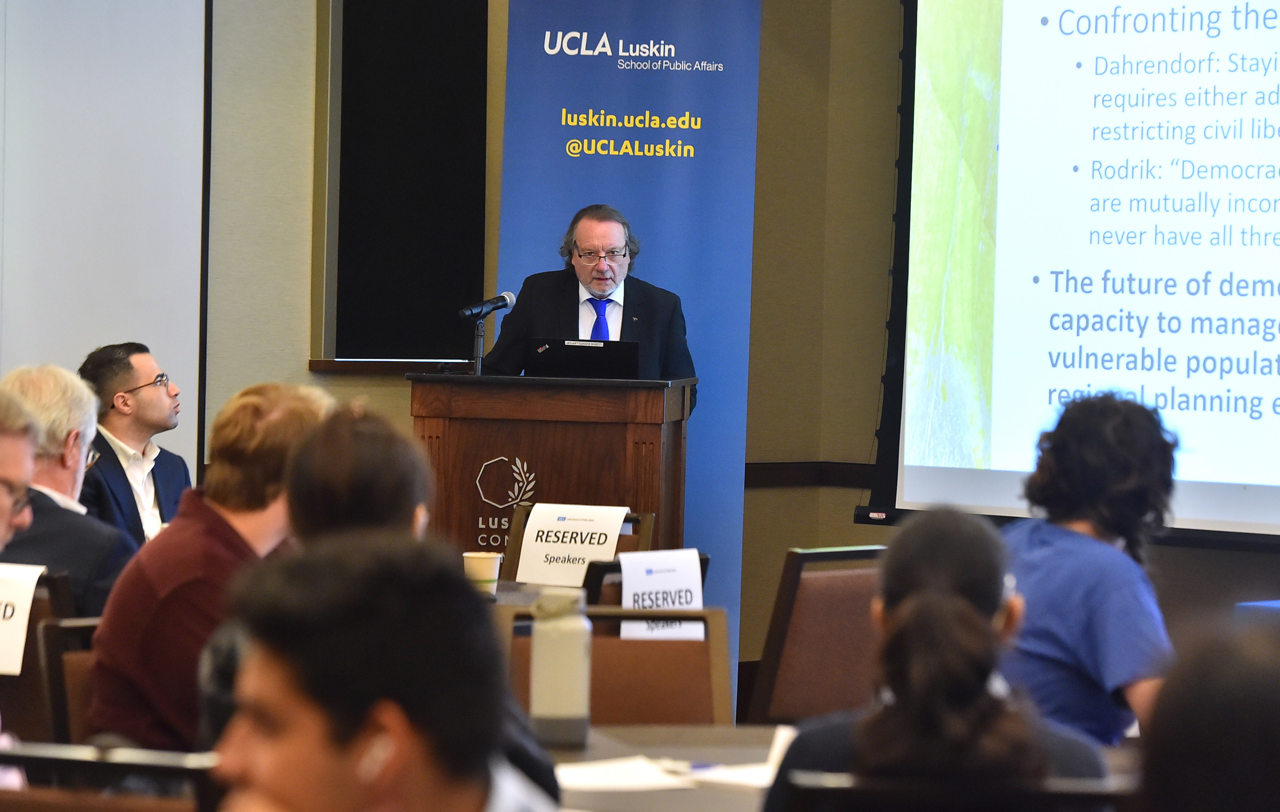 Prof. Helmut K. Anheier speaks on stage during the 2024 Berggruen Governance Index at UCLA Luskin on Wednesday, May 15, 2024, in Los Angeles. The forum aims to foster discussions on best governance practices and explore sustainable solutions for strengthening democratic governance and promoting global stability. (Jordan Strauss/AP Images for Democracy News Alliance)