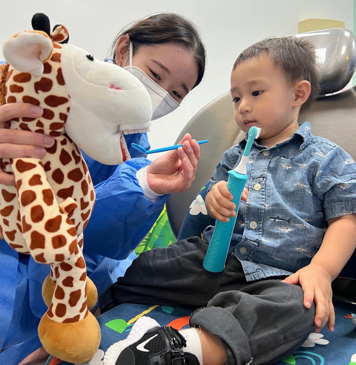 Good oral hygiene starts from young. Oral hygiene instruction made fun and easy for a 2 years old patient. .