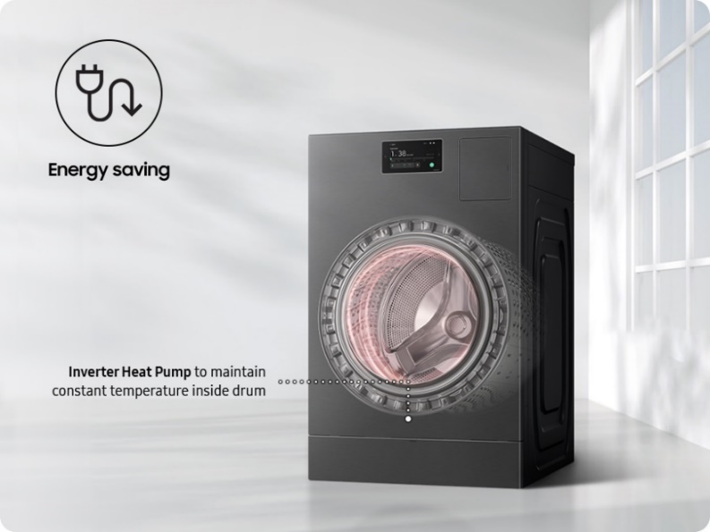 The Bespoke AI Laundry Combo™ uses Heatpump Technology to dry clothes at low temperatures to prevent fabric shrinkage, while saving time and energy